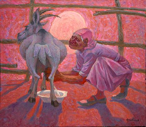  дойка коза быт деревня вечер солнце