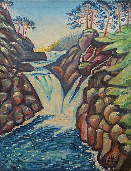  примитив наив пейзаж сосны река водопад север