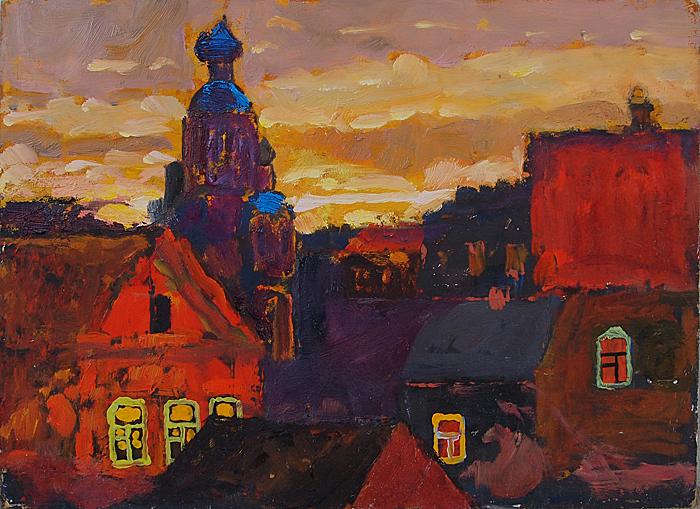  закат пейзаж деревня церковь