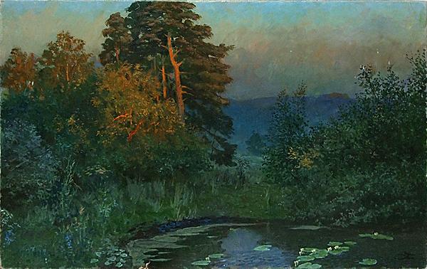  пейзаж вечер закат лето лес озеро сосны кувшинки