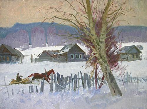  зима деревня сани лошадь